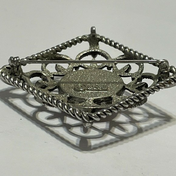 Vintage Sarah Coventry Silver Tone Square Pin Red Orange Stone Brooch Open Work - Picture 7 of 7